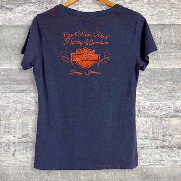 Harley Davidson Flame Logo Shirt Womens M Short Sleeve Tee Purple Blue Quincy IL - Picture 2 of 4